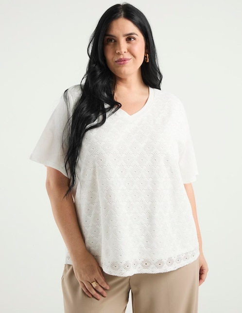 Playera manga al codo Weekend Plus cuello V para mujer