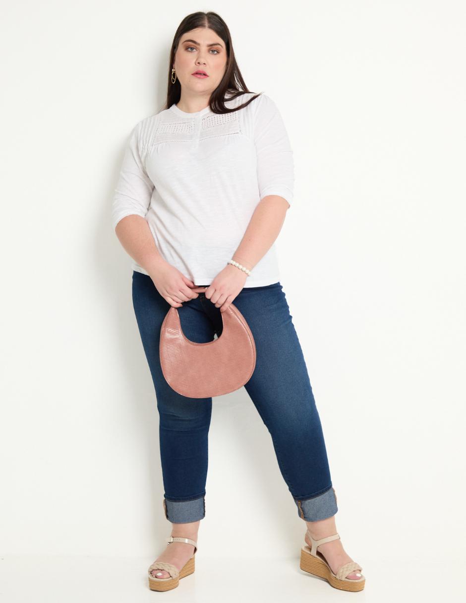 Playera manga al codo cuello con botón para mujer 3