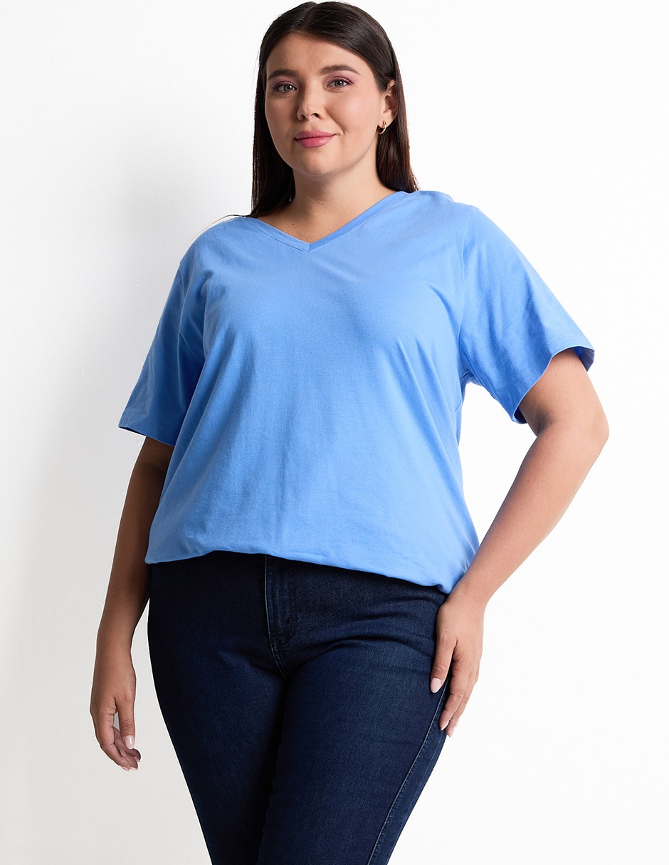 Playera manga corta cuello V para mujer