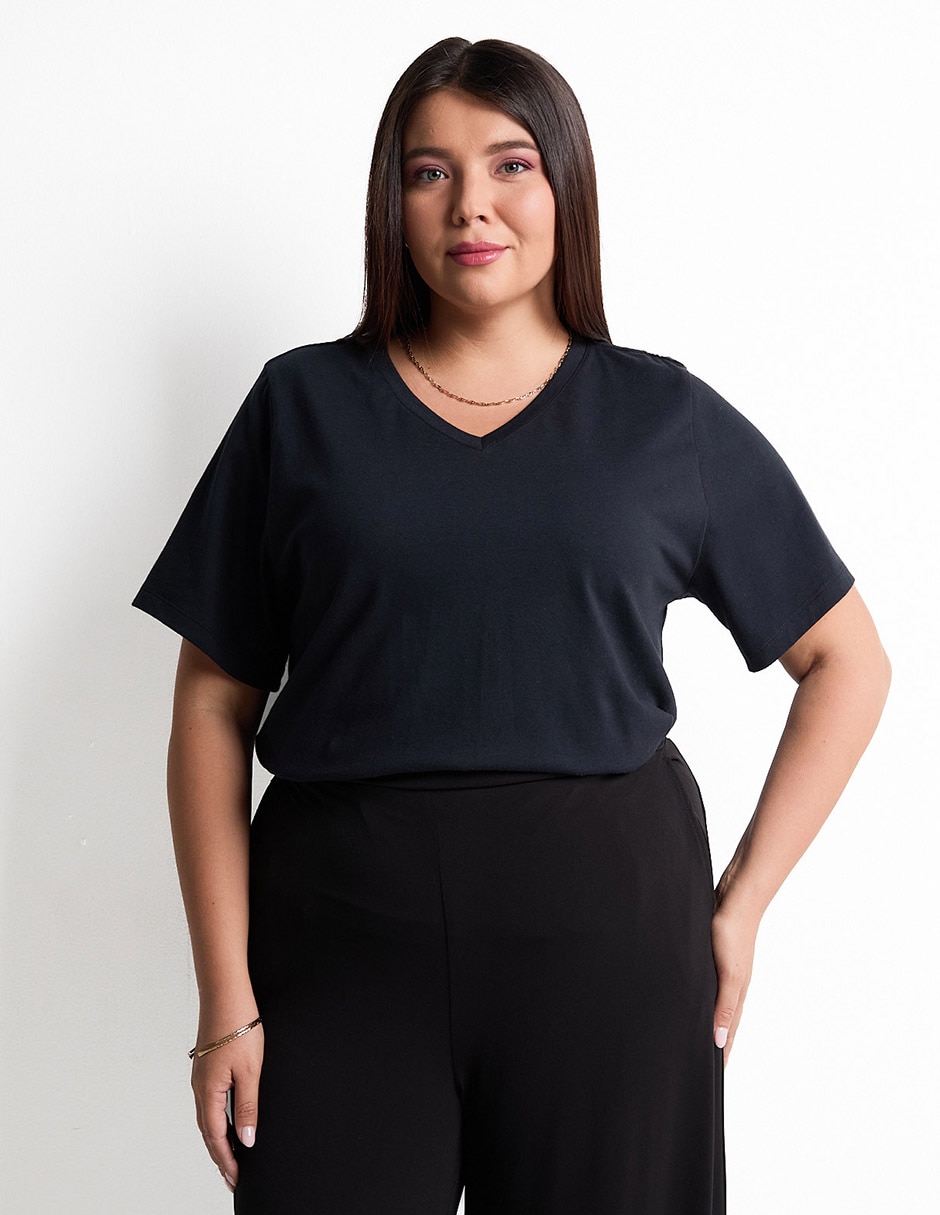 Playera manga corta cuello V para mujer