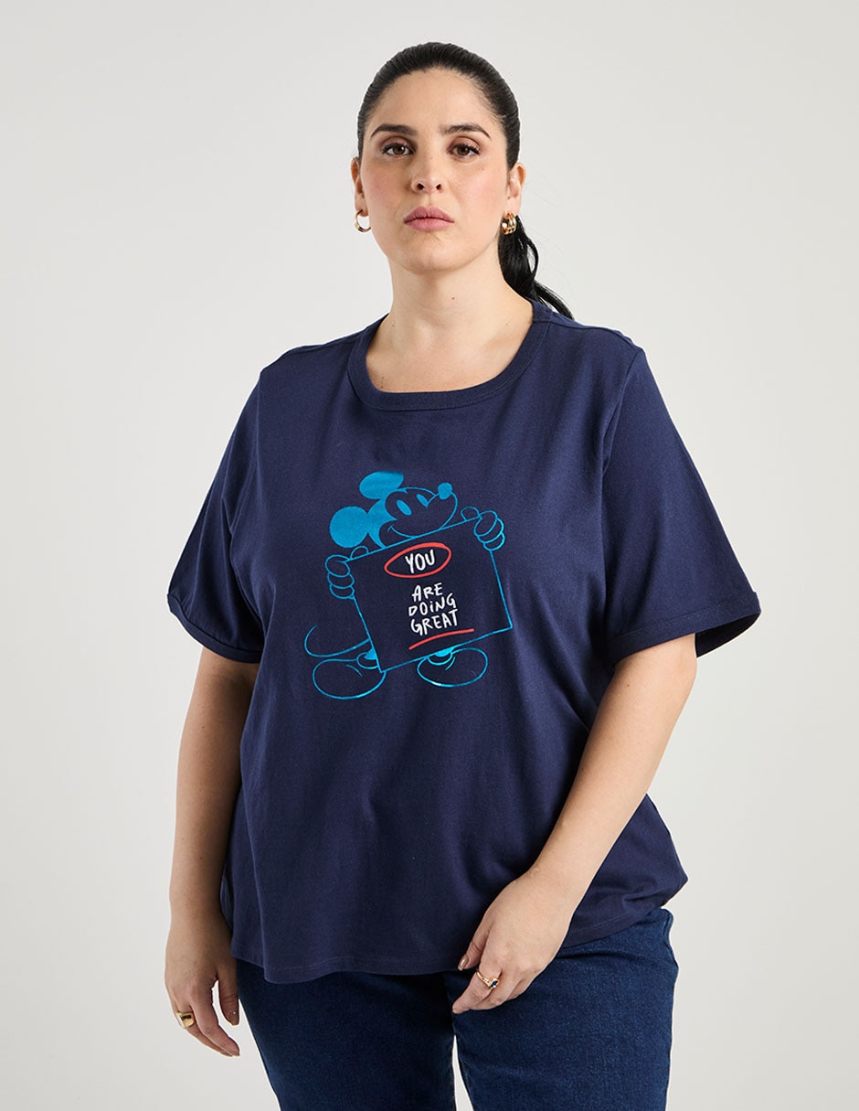 Playera manga al codo Mickey Mouse cuello redondo para mujer