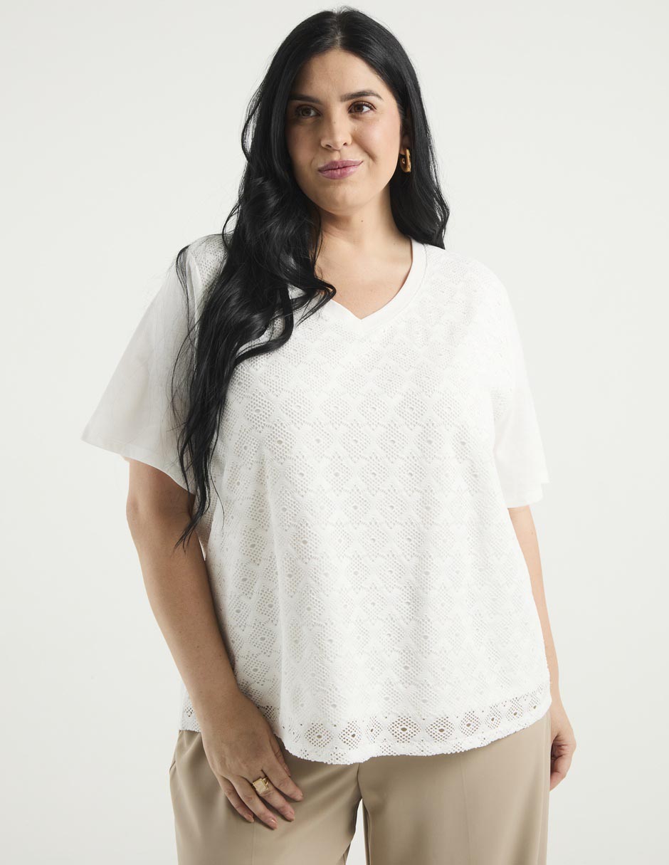 Playera manga al codo cuello V para mujer Playera manga al codo cuello V para mujer